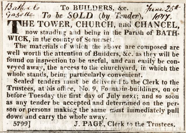 Demolition of St. Mary's Church, Bathwick, Bath 1817