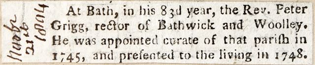 Death notice, Rev. Peter Grigg 1804