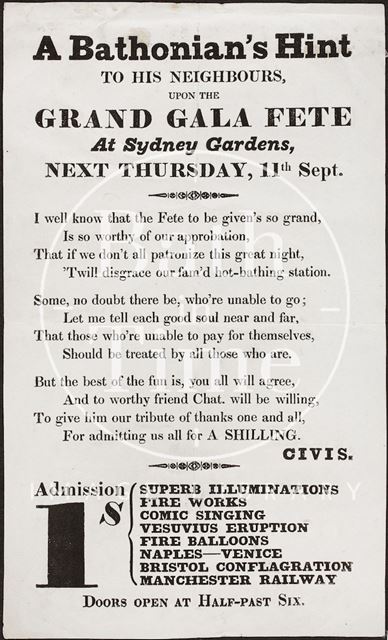 Sydney Gardens, Bath. A Bathonians Hint to his Neighbours upon the Grand Gala Fete 1845