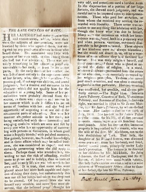 Obituary of the Late Countess of Bath 1809