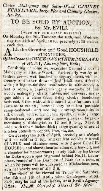 Auction by Mr. Evill of household furniture from the Duke of Northumberland's house (11, Laura Place), Bath 1810