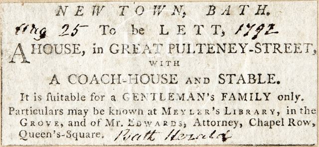 House to be let in Great Pulteney Street, Bath 1792