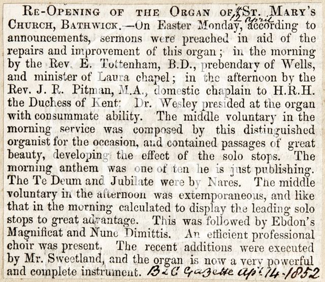 Reopening of the Organ of St. Marys Church Bathwick, Bath 1852