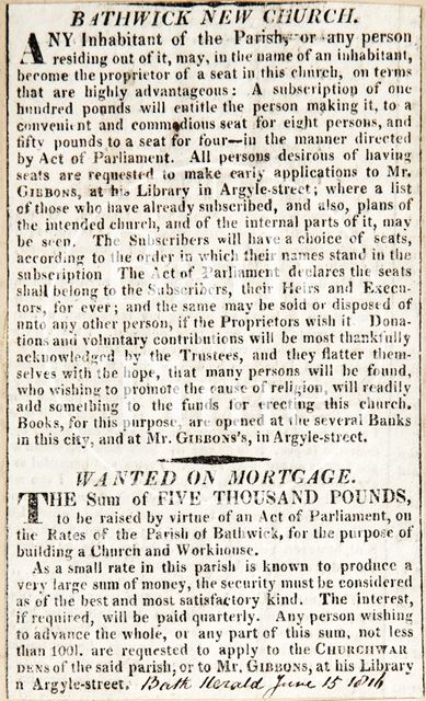 Pew subscriptions, Bathwick New Church, Bath 1816