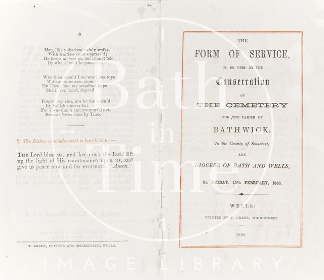 The Form of Service for the Consecration of the Cemetery, Bathwick, Bath 1856