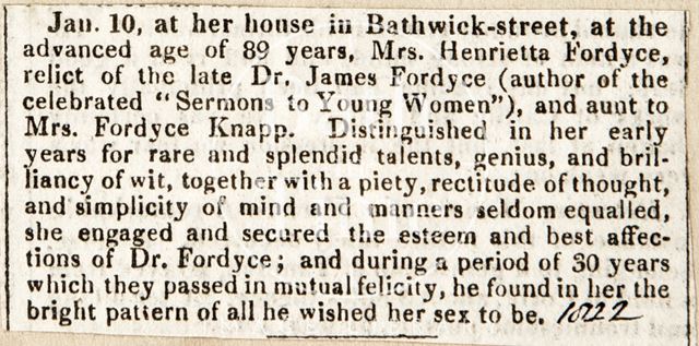 Death notice for Mrs. Henrietta Fordyce 1822