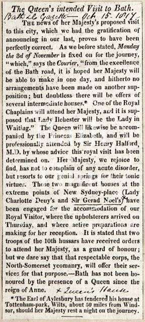 Queen's intended visit to Bath 1817