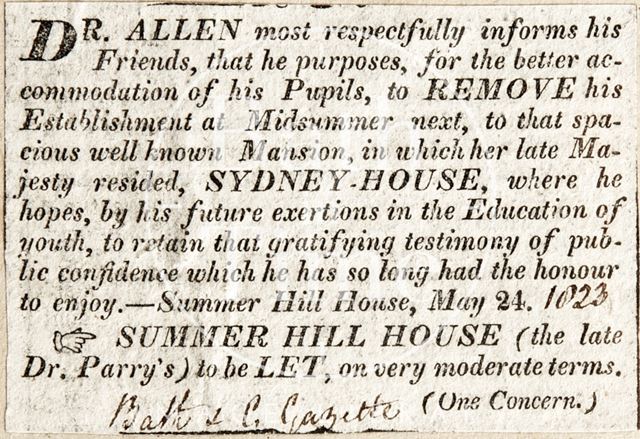 Dr. Allen's removal to Sydney House (Queen's House, 93, Sydney Place), Bath 1823