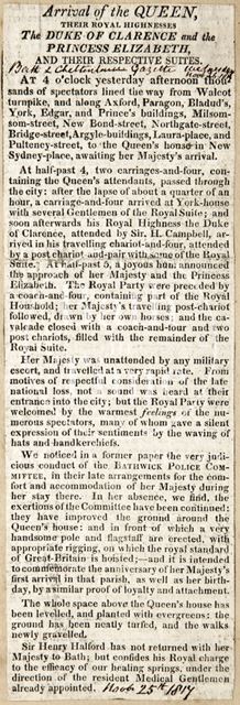 Arrival of the Queen, His Royal Highness the Duke of Clarence, Princess Elizabeth 1817