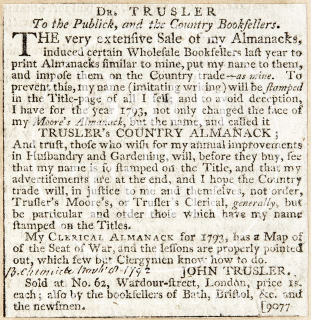 Dr. Trusler's Almanacks 1792