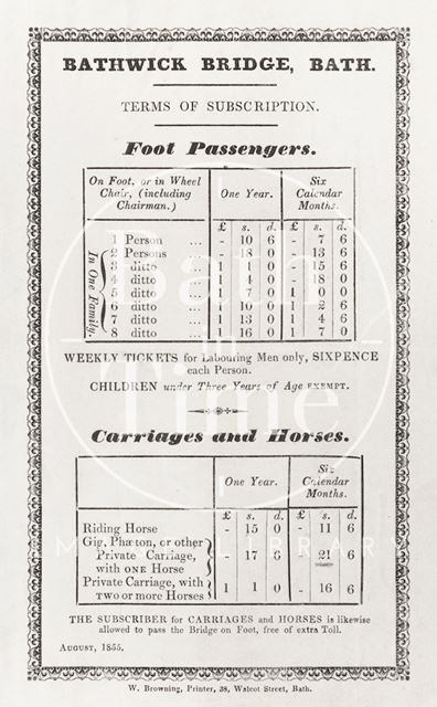 Information on tolls, Bathwick Bridge (Cleveland Bridge), Bath 1855