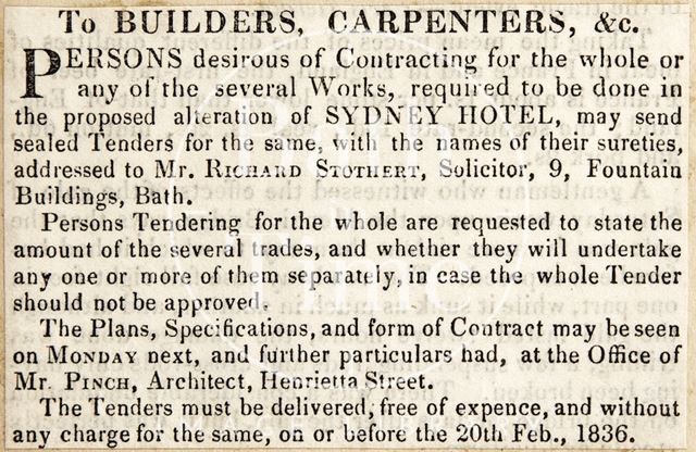 Advertisement for builders for the Sydney Hotel, Bath 1836