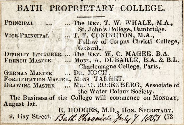 Bath Proprietary College 1853