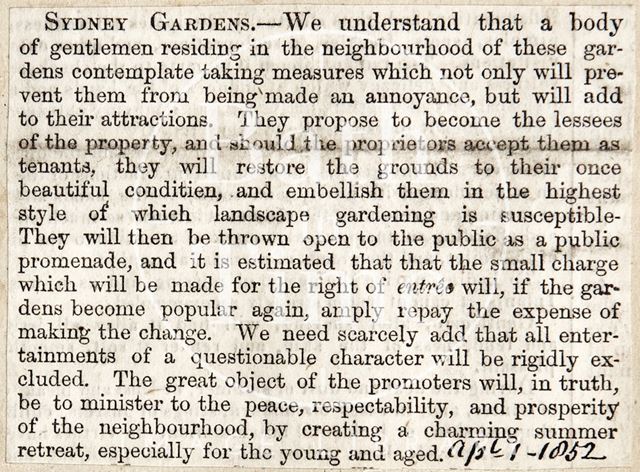 Restoration of Sydney Gardens, Bath 1852