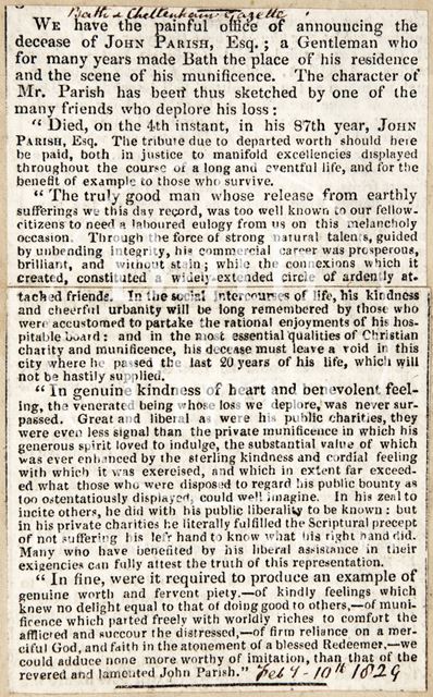 Obituary of John Parish 1829