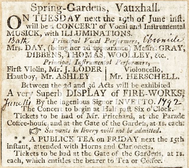 Concert, Spring Gardens, Vauxhall, Bath 1792