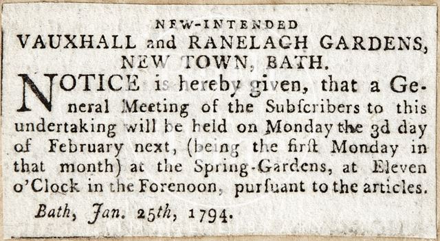 New-intended Vauxhall and Ranelagh Gardens, New Town, Bath 1794