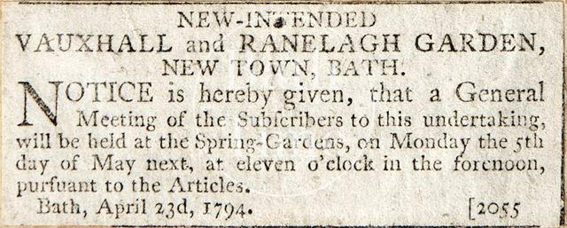 New-intended Vauxhall and Ranelagh Gardens, New Town, Bath 1794