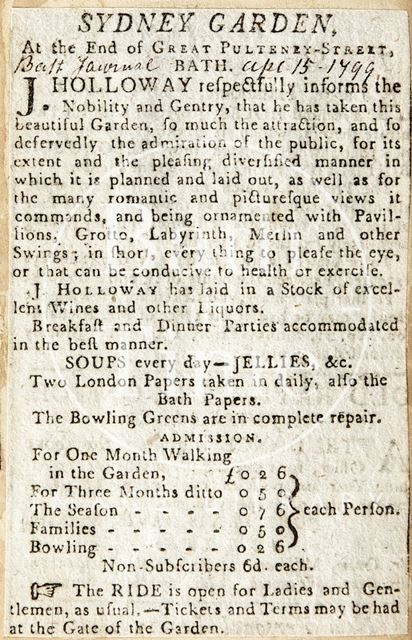 Sydney Gardens at the end of Great Pulteney Street, Bath 1799