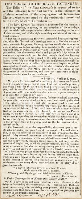 Testimonial to the Revd. E. Tottenham 1835