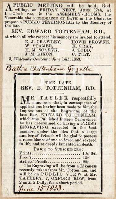 Public Meeting in the memory of Revd. Edward Tottenham 1853