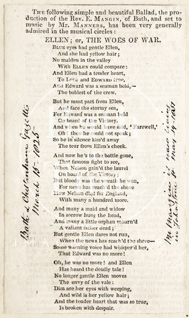 Ellen; or, The Woes of War' ballad by E. Mangin 1825