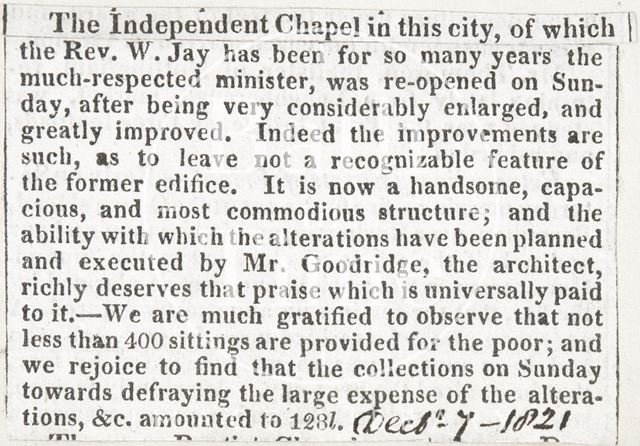 Reopening of the Independent Chapel, Bath 1821