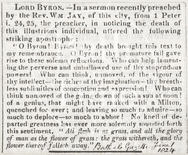 Eulogy on Lord Byron during a sermon by Revd. William Jay 1824