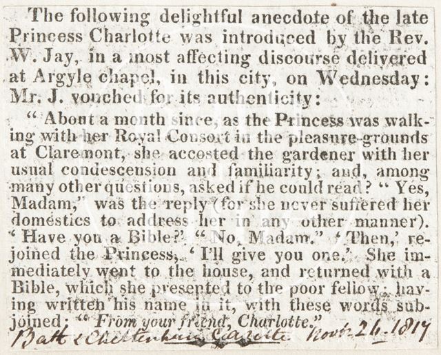 Anecdote of the late Princess Charlotte, told by Revd. Jay at Argyle Chapel, Bath 1817