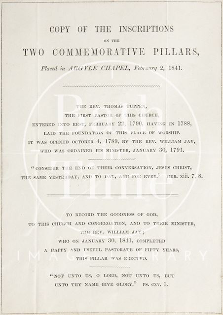 Copy of the inscriptions of the two commemorative pillars placed in Argyle Chapel, Bath 1841