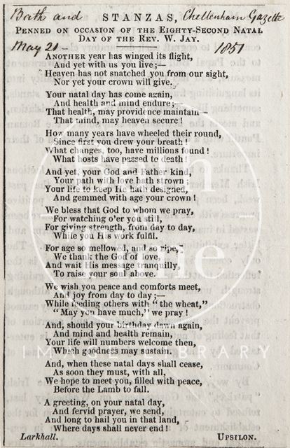 Stanzas penned on occasion of the eighty-second natal day of the Rev. W. Jay 1851