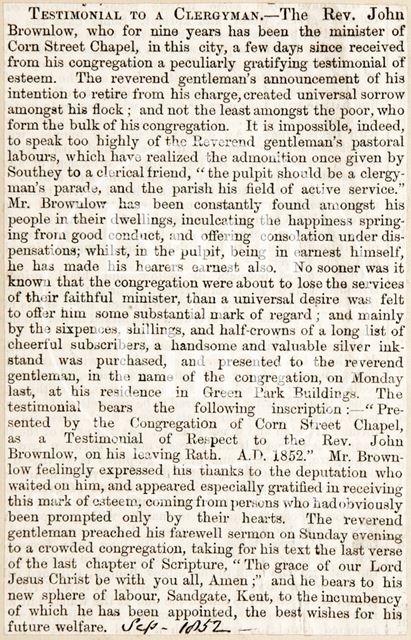 Testimonial to the Rev. John Brownlow, minister of Corn Street Chapel, Bath 1852