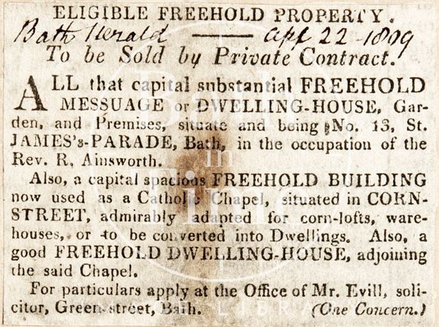 Sale of 13, St. James's Parade and a Catholic Chapel, Corn Street, Bath 1809