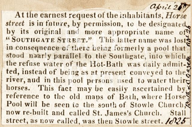 Renaming of Horse Street, Bath 1825