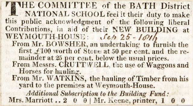 Contributions to a new building at Weymouth House, Bath 1816