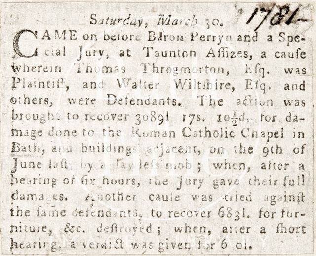 Recovery of damages resulting from the riots of 1780 in Bath 1781