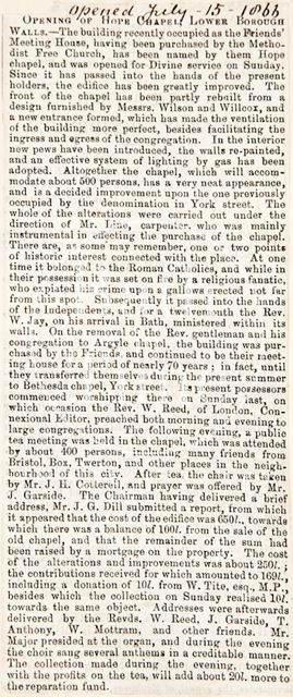 Opening of Hope Chapel, Lower Borough Walls, Bath 1866