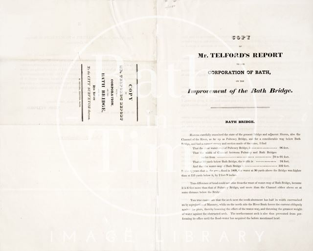 Copy of Mr. Thomas Telford's Report to the Corporation of Bath on the improvement of the Bath Bridge, Bath 1823