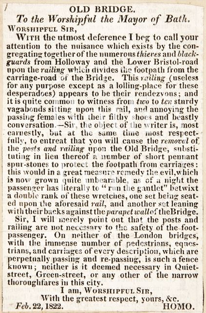 Letter to the Mayor of Bath concerning the Old Bridge, Bath 1822