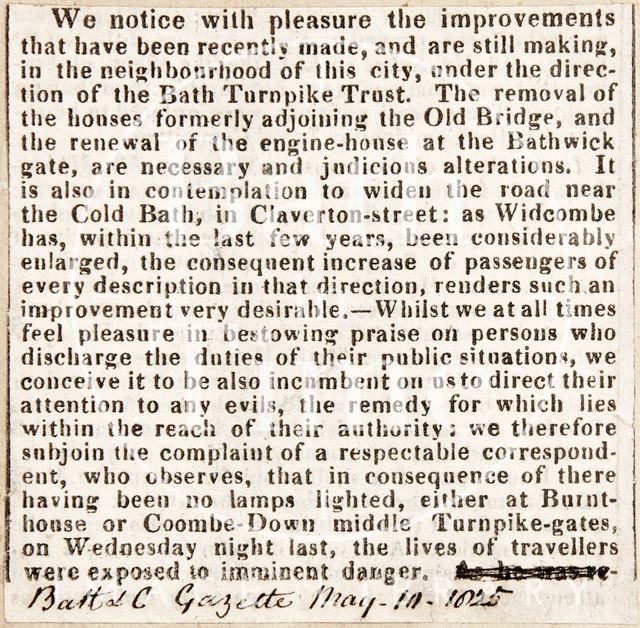 City road improvements by the Bath Turnpike Trust 1825