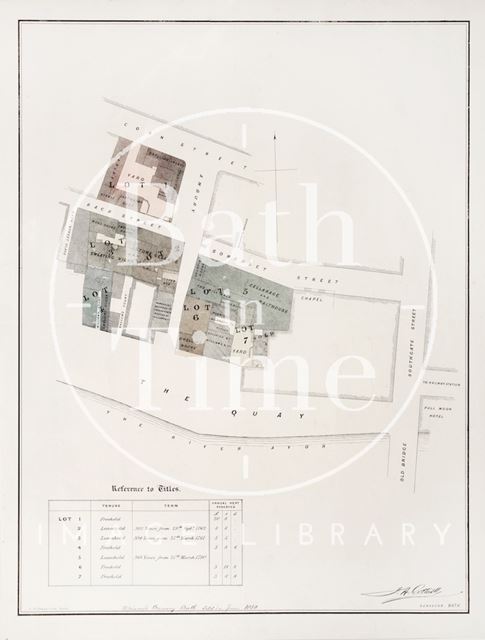 Plan of plots for sale in Broad Quay, Back Street, Corn Street, Somerset Street and Ambury, Bath 1850