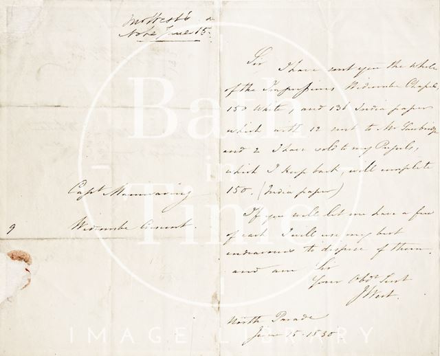 Letter to Captain Mainwaring of Widcombe Crescent, Bath 1830