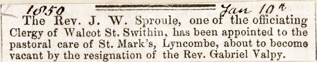 Appointment of Rev. J.W. Sproule to St. Mark's Church, Widcombe, Bath 1850