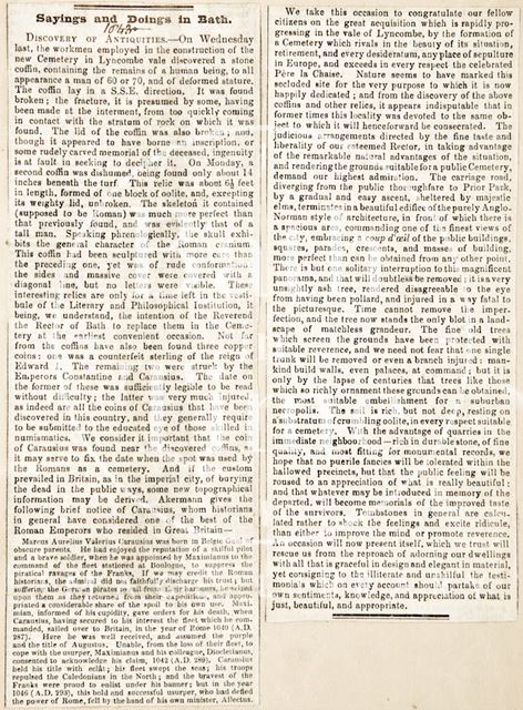 Discovery of antiquities in the Abbey Cemetery, Lyncombe, Bath 1843