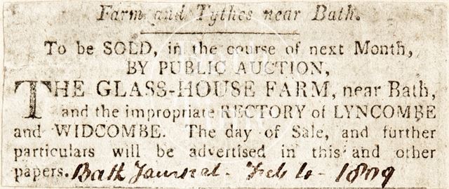 Sale of Glass House Farm near Bath 1809