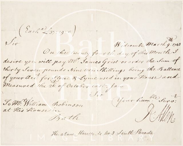 Demand for payment to Mr. William Robinson 1743