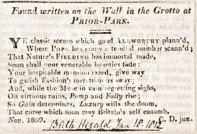 Poem found written on the wall in the grotto at Prior Park, Bath 1812