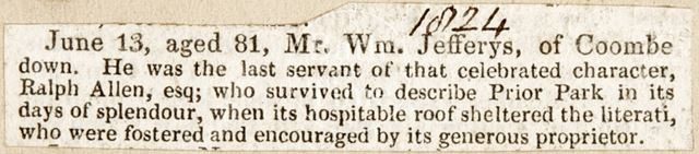 Death of former servant of Ralph Allen 1824