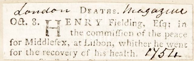 Death notice for Henry Fielding 1754