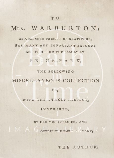 Dedication to Mrs. Warburton from the author c.1776